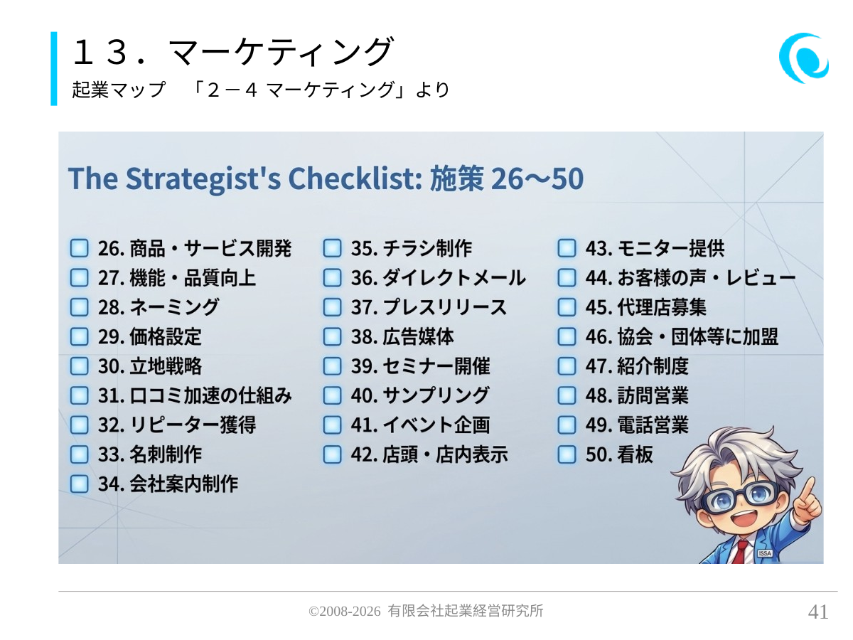 13.マーケティング。起業マップ 「2-4 マーケティング」より