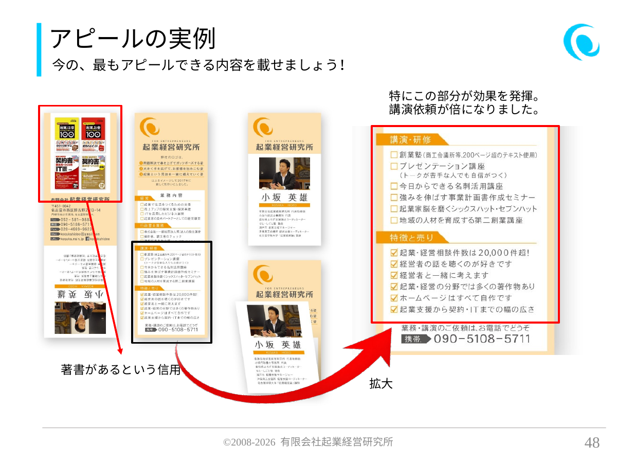 アピールの実例。今の、最もアピールできる内容を載せましょう!。 特にこの部分が効果を発揮。 講演依頼が倍になりました。